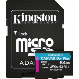 MicroSD 64Gb Kingston Canvas Go! Plus R170/W70MB/s + SD-адаптер